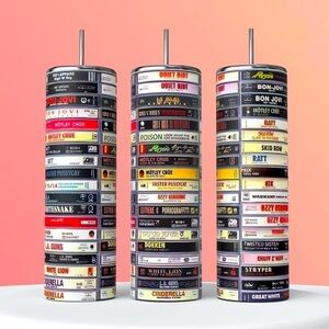 80s 90s Rock Cassette Songs 20 oz Skinny Tumbler with Straw‎ and Lid Great Gift